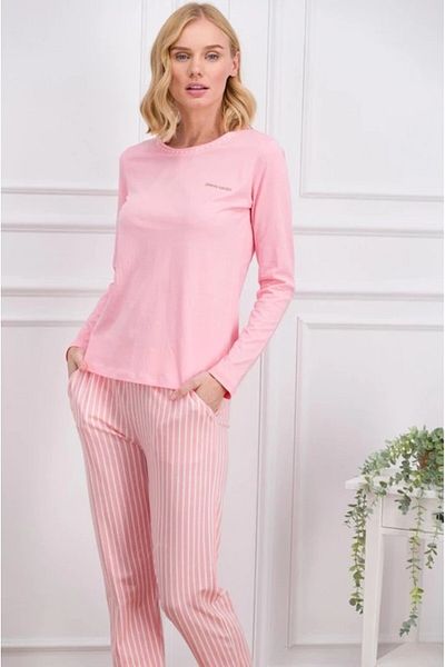 Pierre Cardin Women's Long Sleeve Crew Neck Top & Bottom Single Jersey Pajama Set