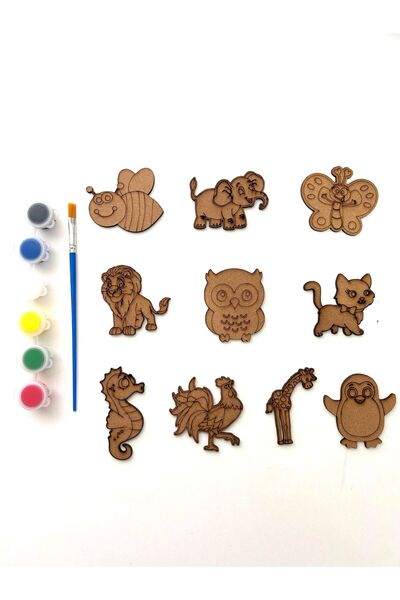 M&T WORKSHOP 10'lu Paket Ahşap Boyama Karışık Hayvan Figürleri Boyama Seti Karne Hediyesi