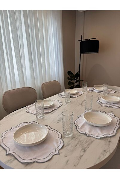 Karam Home 6 Adet Gri Nakışlı Keten Amerikan Servis