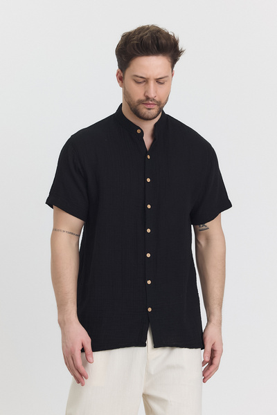 TCT TEKSTİL Men's Shirt - Muslin Halim Collar Short Sleeve Shirt - 4080