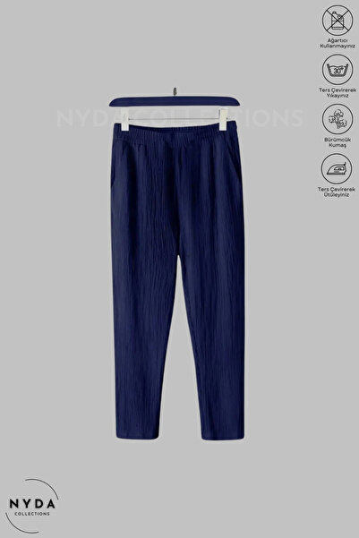 Nyda Collections Bürümcük Suit Lycra Crinkle Fabric Summer Women's Men's Short Sleeve T-Shirt Navy Blue-White Tracksuit Suit