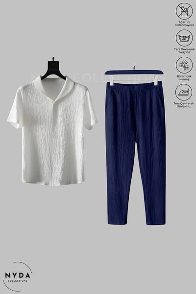 Nyda Collections Bürümcük Suit Lycra Crinkle Fabric Summer Women's Men's Short Sleeve T-Shirt Navy Blue-White Tracksuit Suit