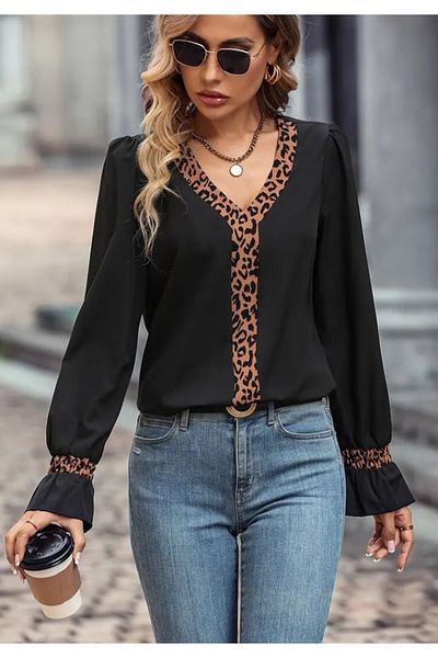 Little Visqon Γυναικεία κρεπ μπλούζα με Leopard Print V λαιμόκοψη - Μακρυμάνικη