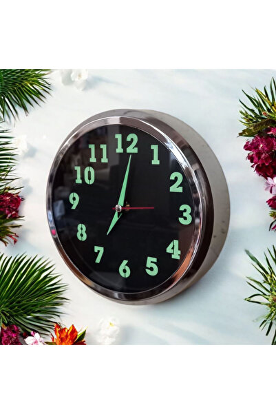 Bahat Fosforlu Gümüş Renkli Metal Mini Duvar Saati Çap 20 cm Küçük Saat