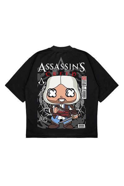 PURE EFFECT Tricou unisex oversize Assassins Creed cu imprimeu pe spate, cu croiala groasă