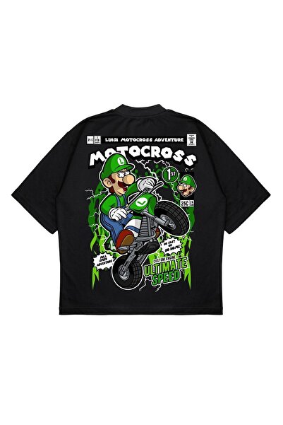 PURE EFFECT تي شيرت موتوكروس لويجي ماريو كبير الحجم للجنسين مطبوع من الخلف بق...