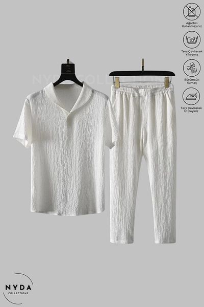 Nyda Collections Bürümcük Suit Lycra Crinkle Fabric Summer Women's Men's Short Sleeve T-Shirt White Tracksuit Suit