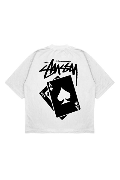 PURE EFFECT Unisex Oversize Stussy Iskambil Kağıdı Baskılı Boxy Fit Kalın Kum...