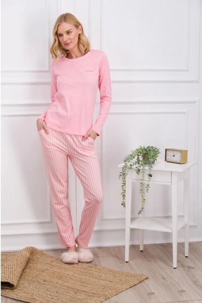 Pierre Cardin Kadın Uzun Kollu Bisiklet Yaka Üst & Çizgili Alt Süprem Pijama Takımı THCL8VR.66.PCR