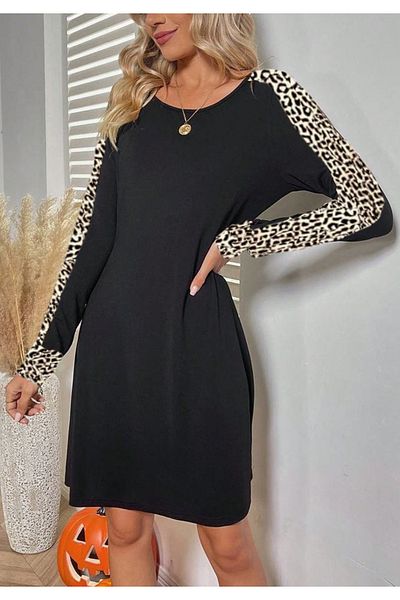 Little Visqon Rochie mini-lungime pentru femei, cu mâneci lungi, cu decolteu, cu mâneci leopard