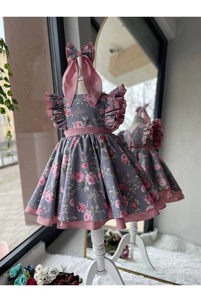 Sare Çocuk Giyim Girl's Princess Ballerina Model Dress, Gray Powder Rose Printed Birthday Design Evening Dress + Buckle