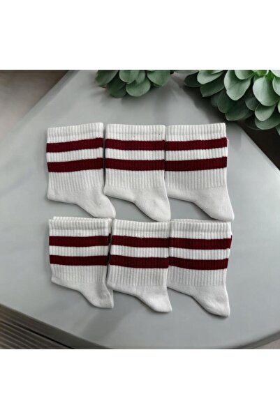 Forever 6'lı Unisex Beyaz-Bordo Çizgili Tenis Çorap