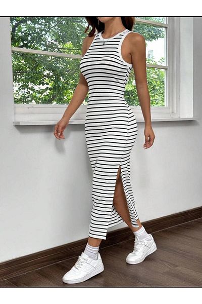 bemmoda Rochie de damă, albă și neagră, cu model în dungi, cu fantă, elastică