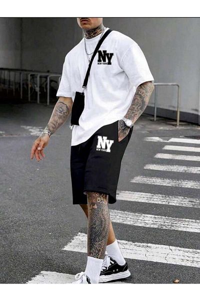 SELENA BUTİK Unisex Ny White T-Shirt Black Shorts Top Bottom 2 Piece Set