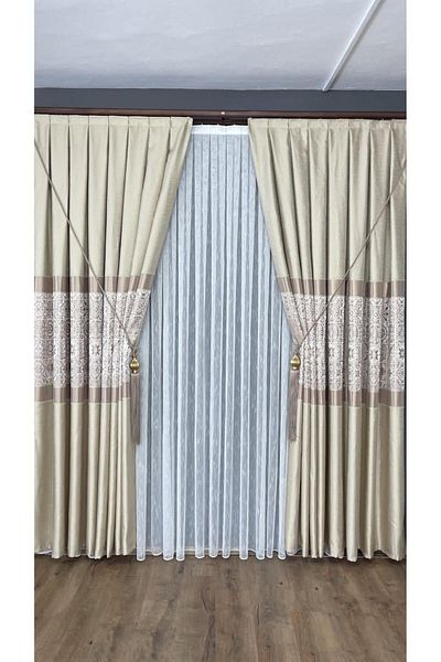GLOMAR Panel Background Curtain Cream Mink Patterned 1/3 Dense Pleat Jacquard Single Wing Modern Luxury