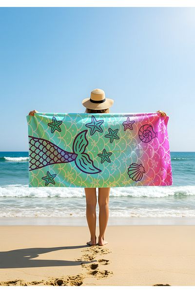 Viadela Mermaid Tail and Starfish Patterned Beach Towel – Colorful Fairytale Summer Towel