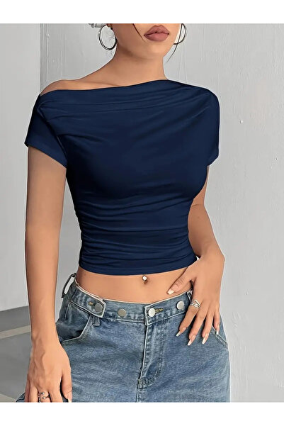 eybetsa asimetrik yaka büzgülü crop bluz