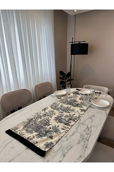 Karam Home Siyah Püsküllü Fransız Köylüler Baskılı Keten Runner 135X43 Runner