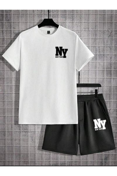 SELENA BUTİK Unisex Ny White T-Shirt Black Shorts Top Bottom 2 Piece Set