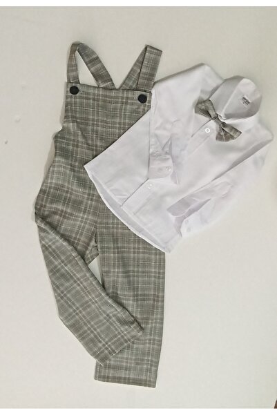 moms and babies Boy's Baby Shirt Gardener Trousers Gray Colored Plaid Pattern 0-5 Years