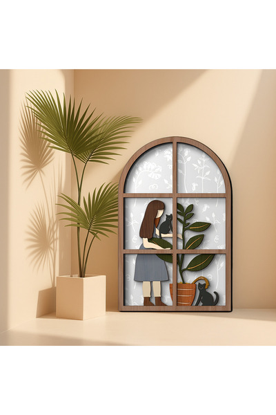 GunayCraftDesign Çok Katmanlı Kedi ve Kız Figürlü El Yapımı Dekoratif MDF Duv...