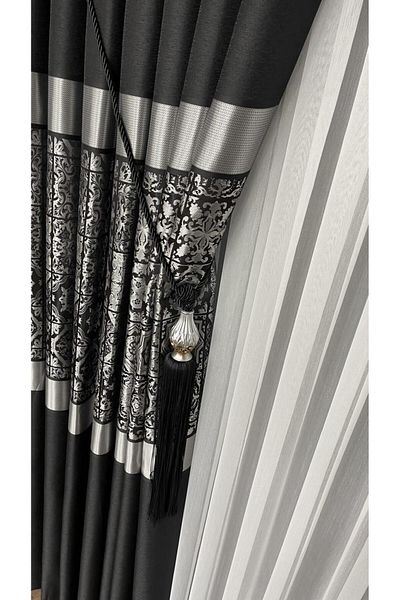 GLOMAR Modern Luxury Black Gray Patterned Panel Background Curtain 1/3 Dense Pleat Jacquard