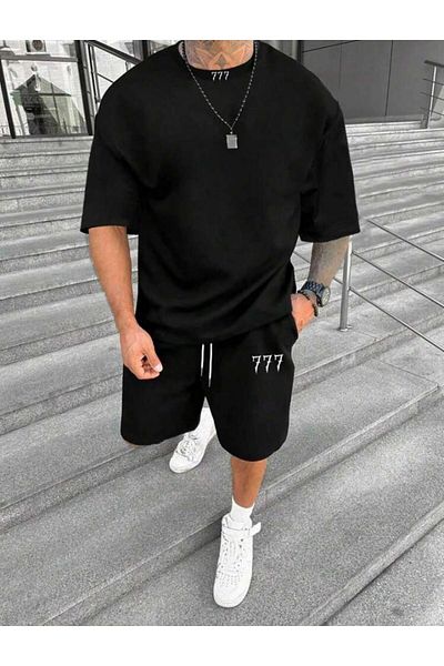 SELENA BUTİK Unisex 777 Black T-Shirt Shorts Top Bottom 2 Piece Set