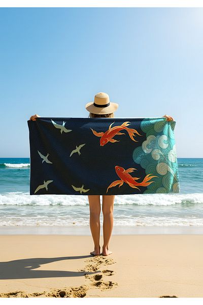 Viadela Artistic Beach Towel with Goldfish and Bird Motifs – Aesthetic Pattern Inspired by Nature