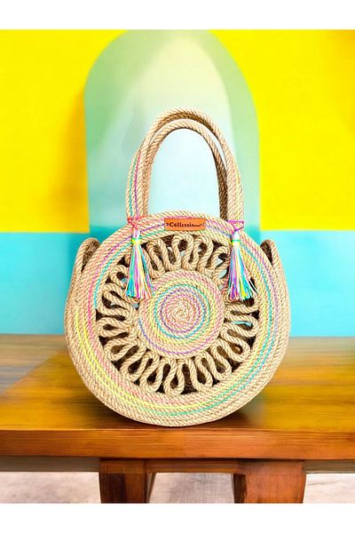 CollessiaHome Colorful Handmade Jute Straw Bag Rope Bag Hand Bag 22 cm