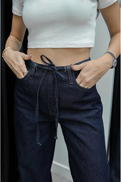 Julidress Lacivert Bağcıklı Beli Lastikli Denim Pantolon