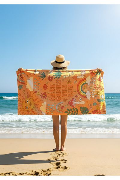 Viadela Here Comes the Sun Orange Beach Towel – Tropical Colors & Summer Icons