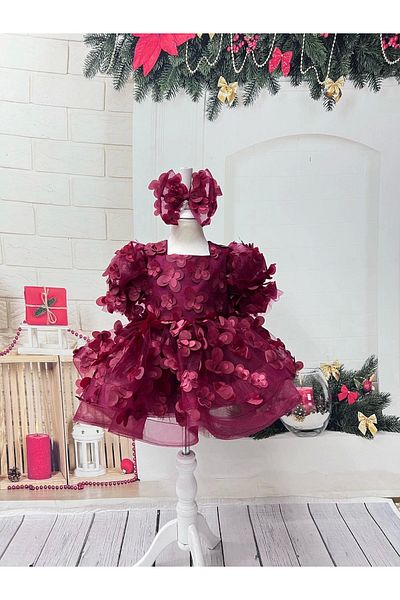 Nissa Burgundy Floral Patterned Girl's Dress Piping