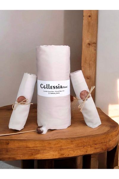 COLLESSİA 100% Cotton Satin Fitted Double Elastic Sheet Set Sheet Set with Pillow - Stone