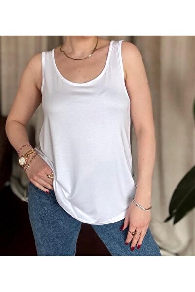 Moda Banuş Thick Strap White Modal Fabric Tank Top Blouse