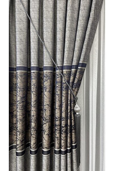 GLOMAR Gray-Navy Blue Patterned 1/3 Dense Pleat Jacquard Panel Background Curtain Modern Luxury