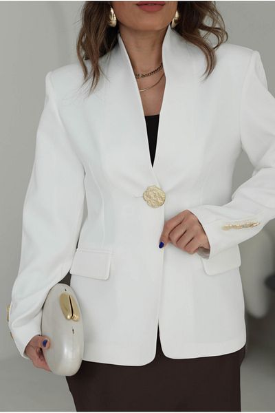 LifeisFashion Women's Ecru Gold Buttoned Design Padded Blazer Jacket Lifeisfashion