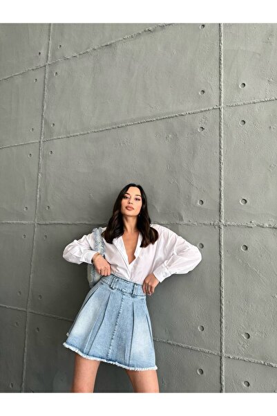 DENİKK TREND ÖZEL TASARIM PİLELİ MİNİ DENİM JEAN ETEK BRK