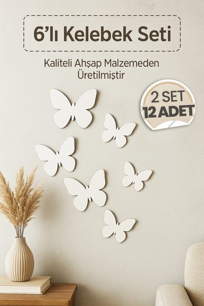 PapatyamPartiEvi 12 Adet Ahşap Dekoratif Kelebekli Duvar Süsü - Beyaz Renk De...