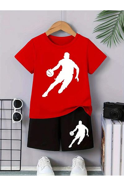 vinraus Girl\Boy Red-Black Basketball Player Printed Combed Cotton Shorts-Tshirt Set