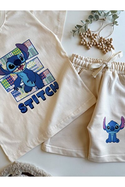 Sipsirin Krem Stitch Oversize Yazlık Kız/Erkek Çocuk Takımı, %100 Pamuk Penye,Desenli Tişört + Şort İkili Set