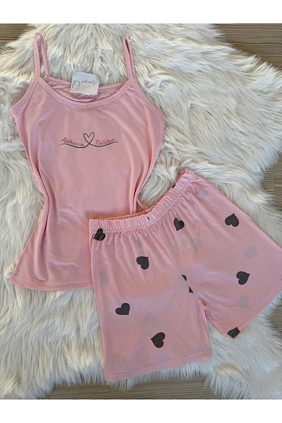 Pijamacs Pink Heart Patterned Cotton Rope Strap Shorts Pajama Set