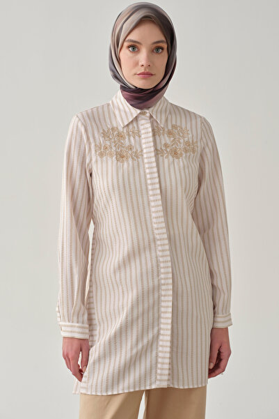 Tuğba Nakış Detaylı Çizgili Tunik - Bej
