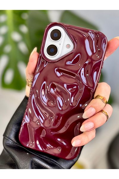 Go Aksesuar iPhone 16 Compatible 3D Embossed Glossy Claret Red Silicone Case