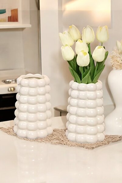 PICCOLA VITA Vasă albă strălucitoare | Vasă conică cu design modern cu bule | Lacuit lucios 17 CM