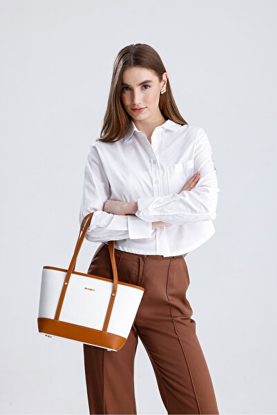 Evident White&Tan Garnished Medium Size Bucket Model Women's Shoulder Bag