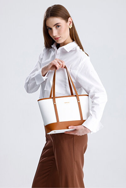 Evident White&Tan Garnished Medium Size Bucket Model Women's Shoulder Bag