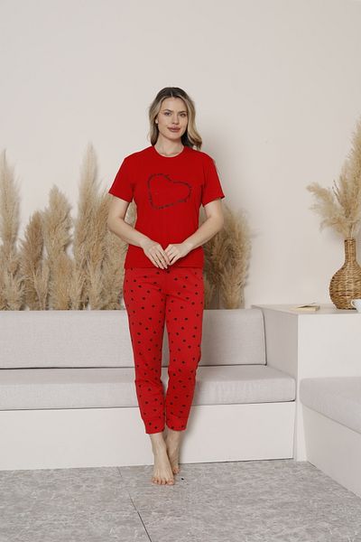 FAMES PİJAMA Summer Heart Patterned Short Sleeve Women's Pajama Set