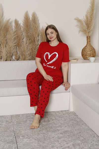 FAMES PİJAMA Summer Plus Size Women's Pizzama Suit with Heart