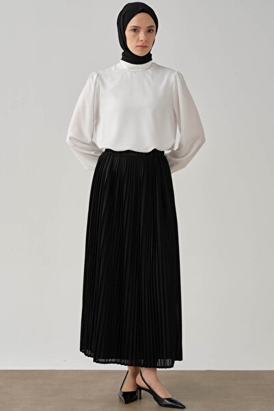Tuğba Beli Lastikli Plise Etek - Siyah