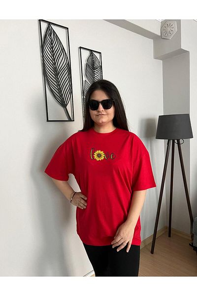 woonkey Women's Love Printed Oversize Crew Neck T-Shirt
